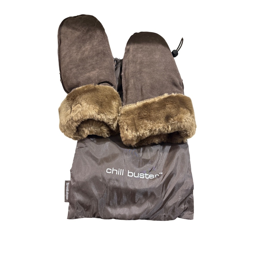 Brookstone Chill‎ Buster Brown Suede Mittens Fur Trim One Size NWT 571570